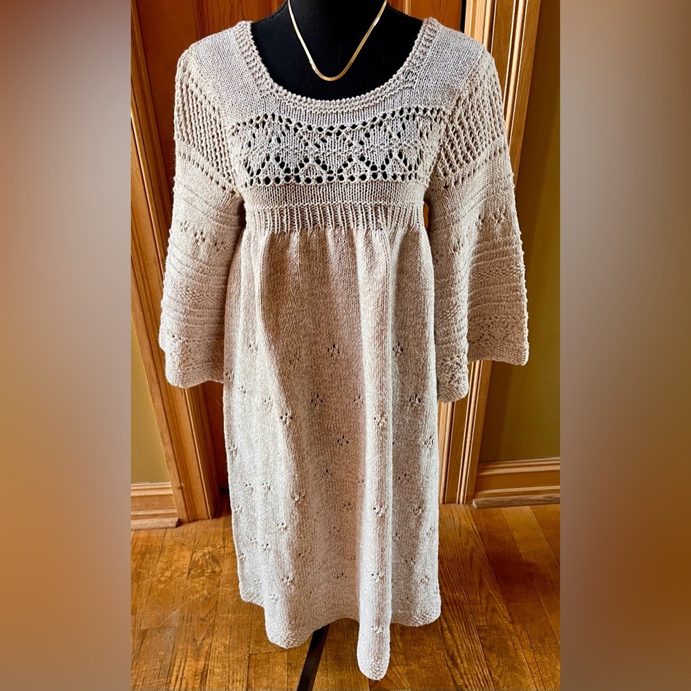 LUXE Artisan Hand-Knit Midi Dress | Bernat Saluki Ecru Crochet Boho Cream S/M